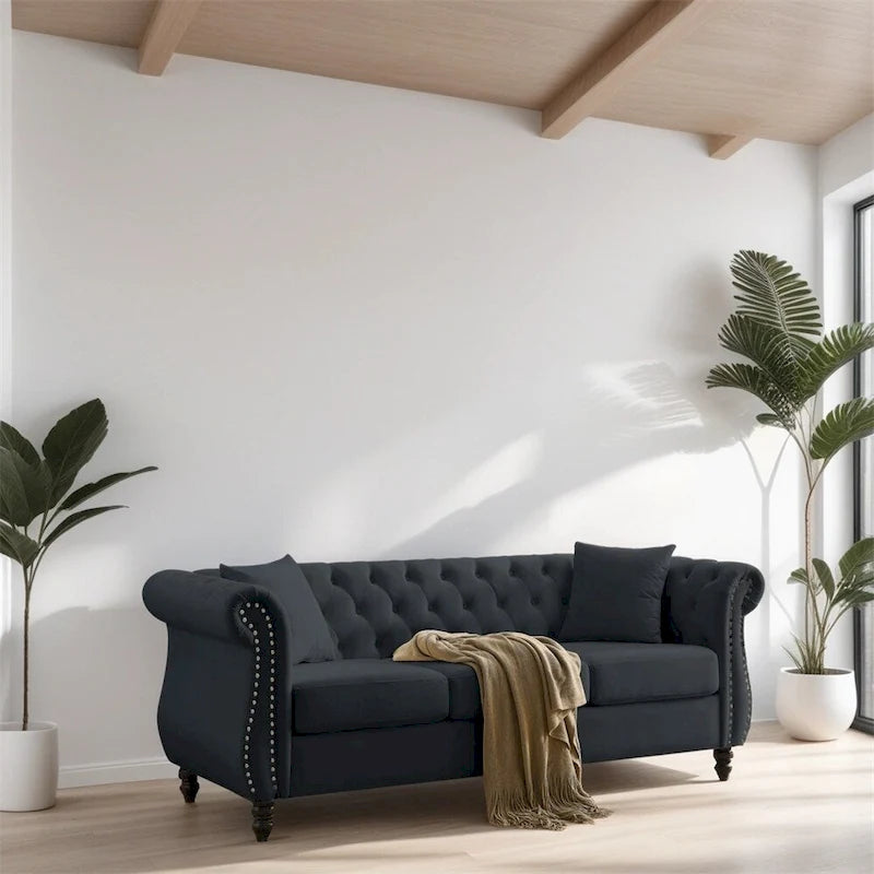 Canapé 3 places en velours 80 avec accoudoirs roulés et deux coussins