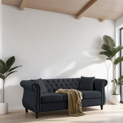 Canapé 3 places en velours 80 avec accoudoirs roulés et deux coussins