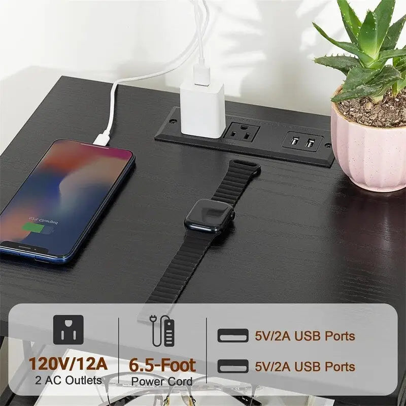 Table de chevet noire avec station de charge - 15,7 po (P) x 13,8 po (L) x 23,8 po (H)