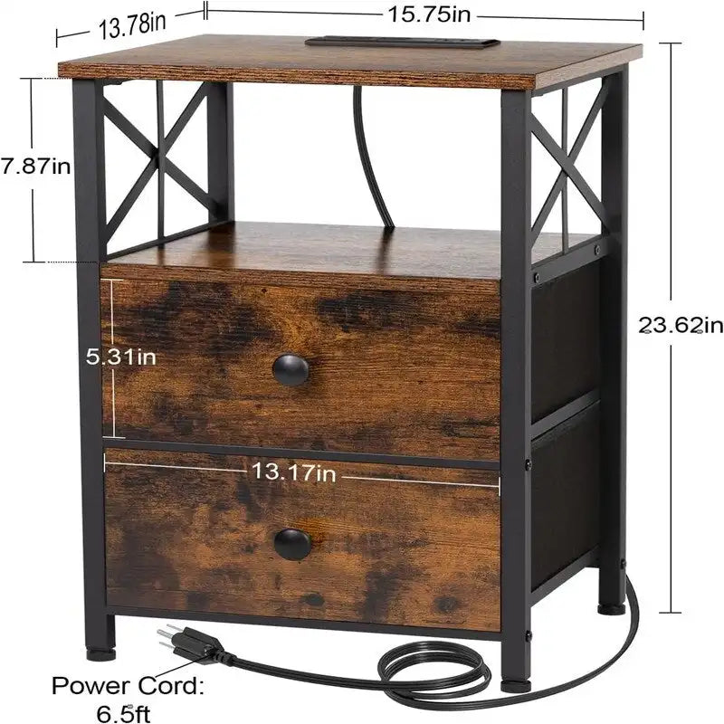 Table de chevet noire avec station de charge - 15,7 po (P) x 13,8 po (L) x 23,8 po (H)