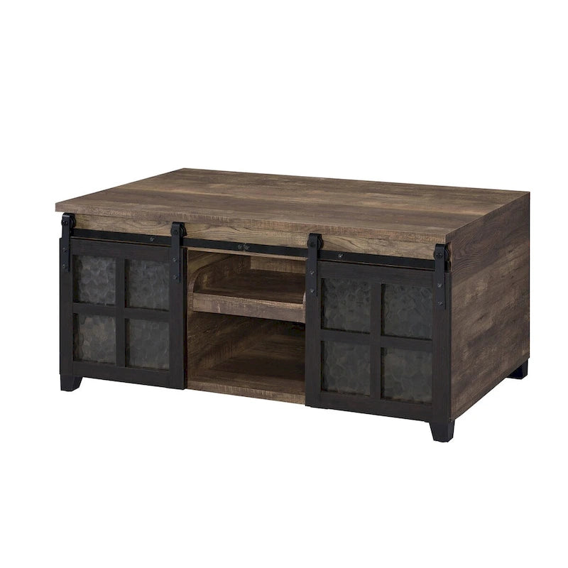Table basse CUSchoice finition chêne rustique et noir avec plateau en verre dépoli - 119 cm (L) x 61 cm (l) x 58 cm (H)