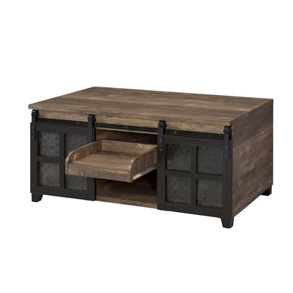 Table basse CUSchoice finition chêne rustique et noir avec plateau en verre dépoli - 119 cm (L) x 61 cm (l) x 58 cm (H)