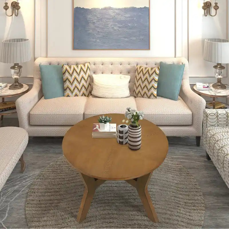 Table basse ronde en bois de style campagnard des années 50, 81 cm, pour salon