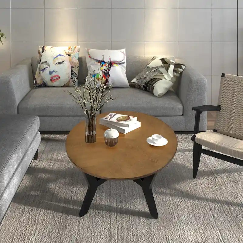 Table basse ronde en bois de style campagnard des années 50, 81 cm, pour salon