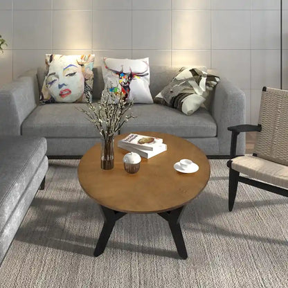 Table basse ronde en bois de style campagnard des années 50, 81 cm, pour salon