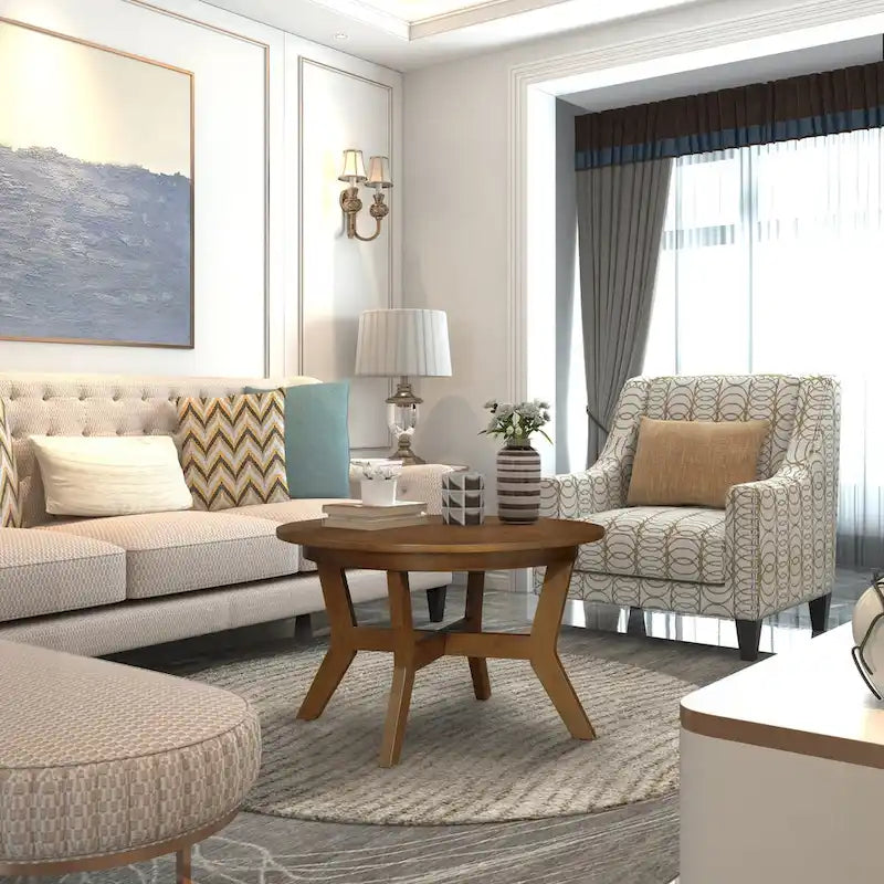 Mid Century Farmhouse 32inch Wood Round Coffee Table for Living Room