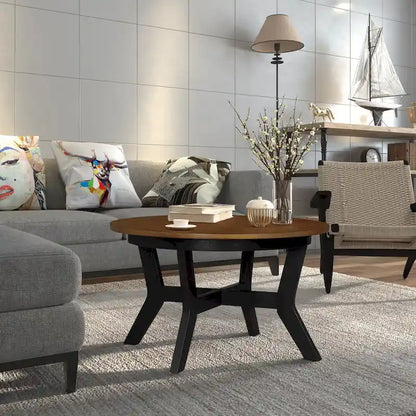 Table basse ronde en bois de style campagnard des années 50, 81 cm, pour salon