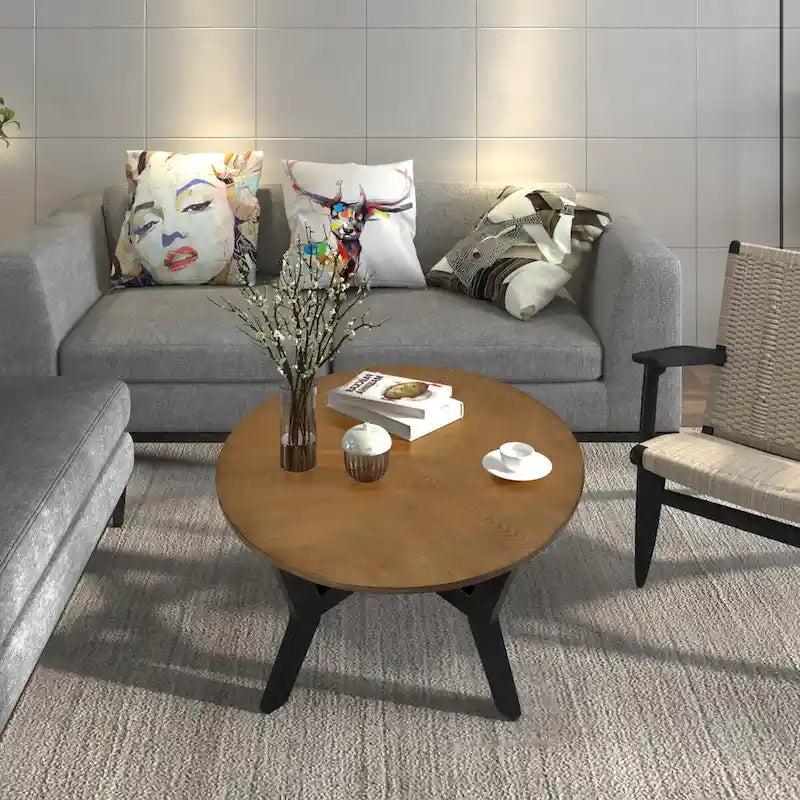 Table basse ronde en bois de style campagnard des années 50, 81 cm, pour salon