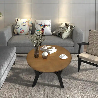 Table basse ronde en bois de style campagnard des années 50, 81 cm, pour salon