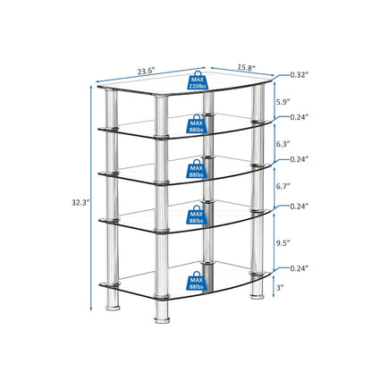 Table d'appoint à 5 niveaux en verre trempé, structure en acier inoxydable, idéale pour le salon ou la chambre, noire.