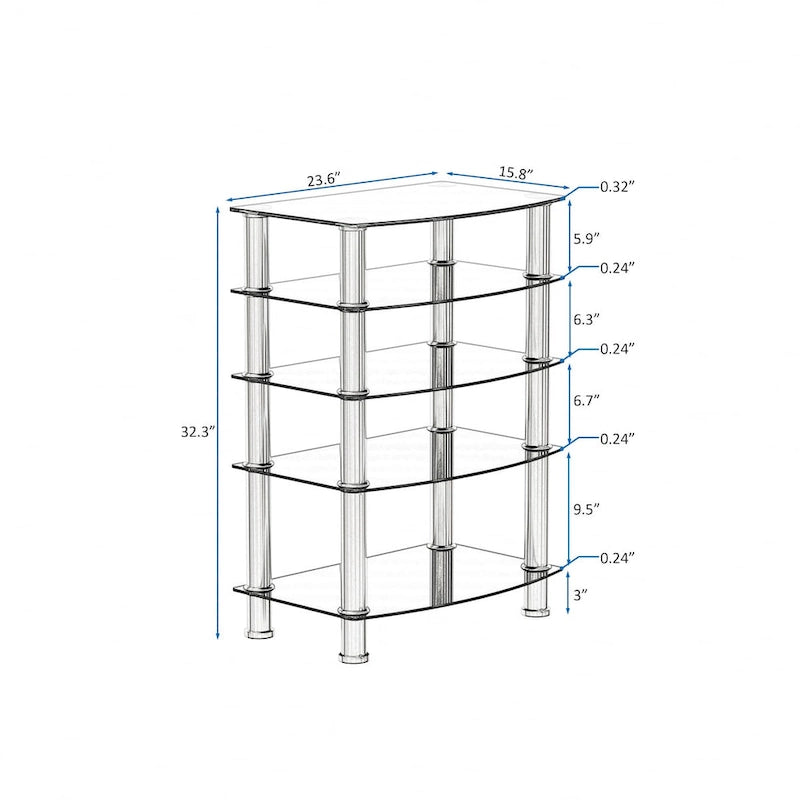 Table d'appoint à 5 niveaux en verre trempé, structure en acier inoxydable, idéale pour le salon ou la chambre, noire.