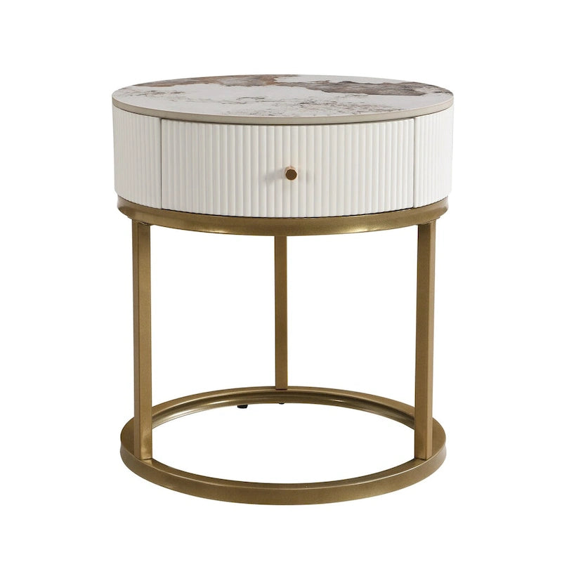 Table d'appoint ronde en marbre de 50 cm (19,68 pouces) avec rangement, table de chevet moderne avec tiroir, table d'appoint pour salon et chambre à coucher