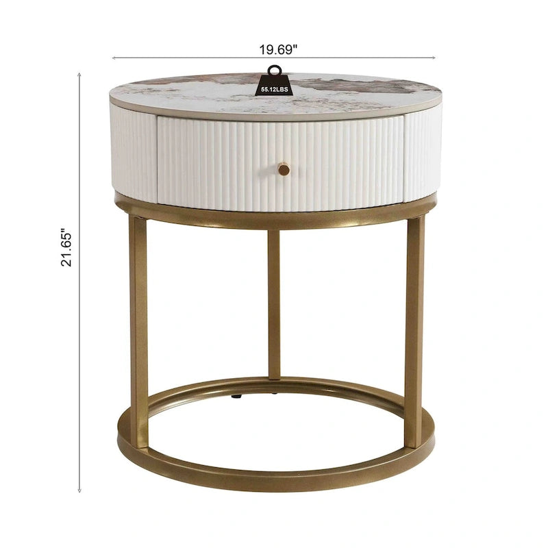 Table d'appoint ronde en marbre de 50 cm (19,68 pouces) avec rangement, table de chevet moderne avec tiroir, table d'appoint pour salon et chambre à coucher