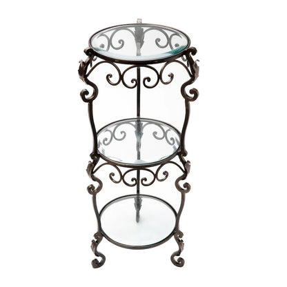 3 Tier Bronze Iron Acanthus Leaf Table with Beveled Glass - 12.5x12.5x34