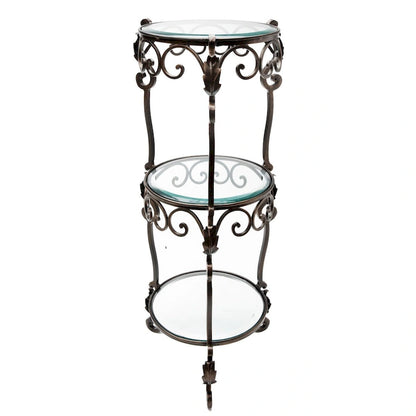 Table basse à trois niveaux en fer bronze, motif feuilles d'acanthe, plateau en verre biseauté - 12,5 x 12,5 x 34