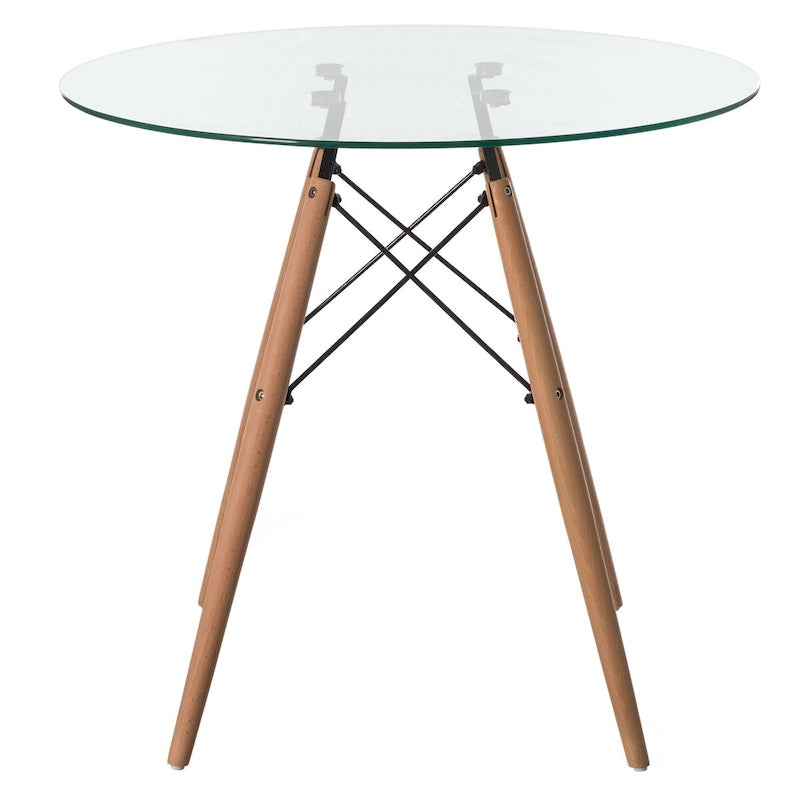 Table d'appoint ronde en verre transparent avec 4 pieds en hêtre massif