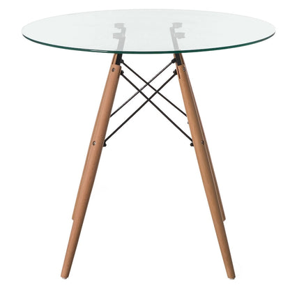 Table d'appoint ronde en verre transparent avec 4 pieds en hêtre massif
