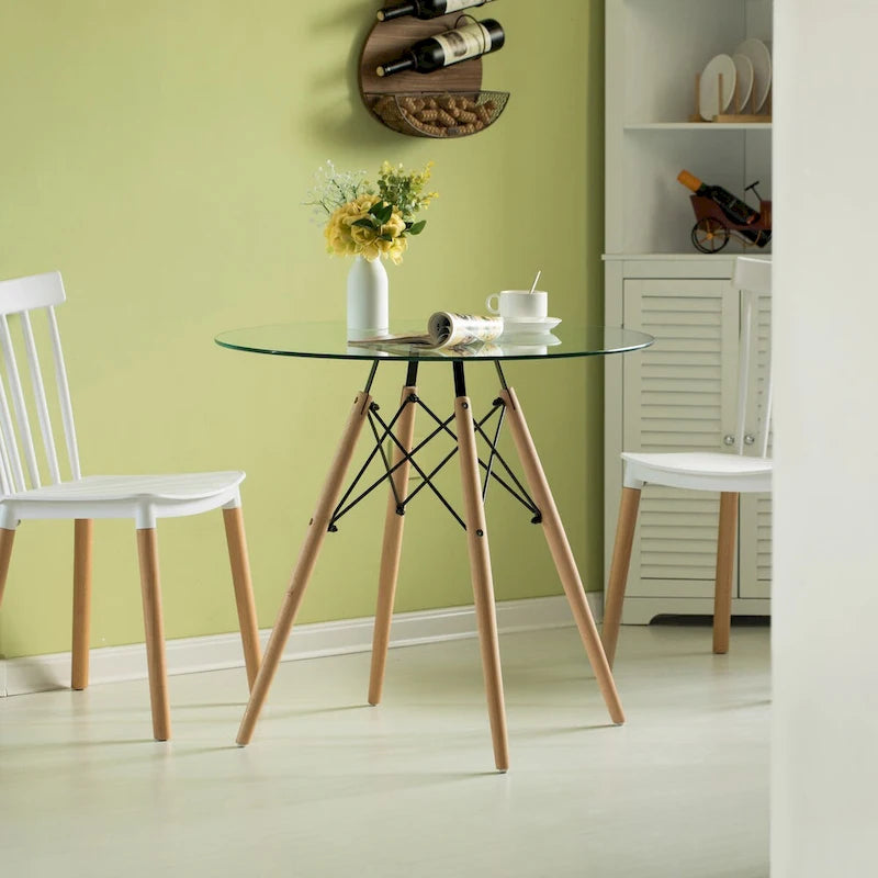 Table d'appoint ronde en verre transparent avec 4 pieds en hêtre massif