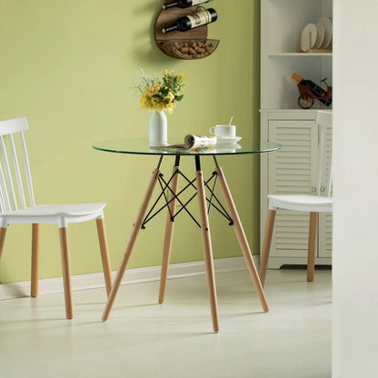 Table d'appoint ronde en verre transparent avec 4 pieds en hêtre massif