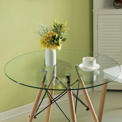 Table d'appoint ronde en verre transparent avec 4 pieds en hêtre massif