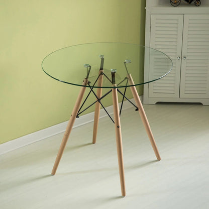 Table d'appoint ronde en verre transparent avec 4 pieds en hêtre massif