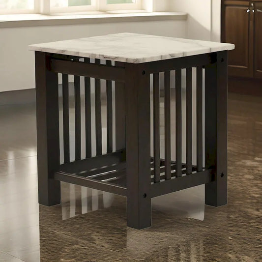 Moen 21 Inch Side End Table, White Faux Marble, Bottom Shelf, Black Wood