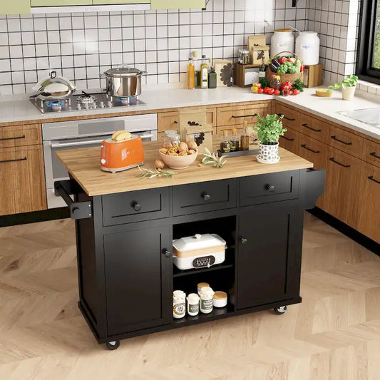 Kitchen Island on 5 Wheels with Storage Cabinet and 3 Drawers
