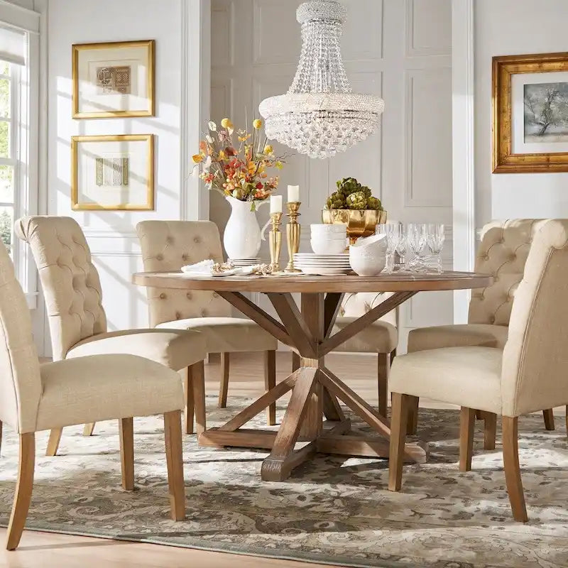 Ensemble de salle à manger 7 pièces Benchwright Rustic X-base Round Pine Wood Rolled Back par iNSPIRE Q Artisan