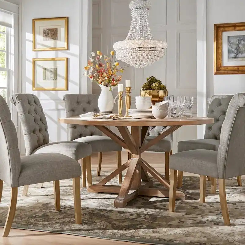 Ensemble de salle à manger 7 pièces Benchwright Rustic X-base Round Pine Wood Rolled Back par iNSPIRE Q Artisan