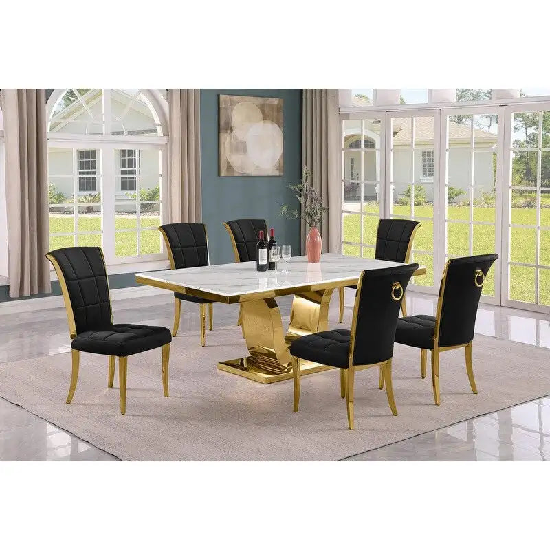 Ensemble de salle à manger Best Quality Furniture D321-SC324-7 avec plateau en marbre blanc de 78 pouces