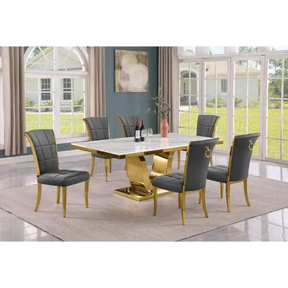 Ensemble de salle à manger Best Quality Furniture D321-SC324-7 avec plateau en marbre blanc de 78 pouces
