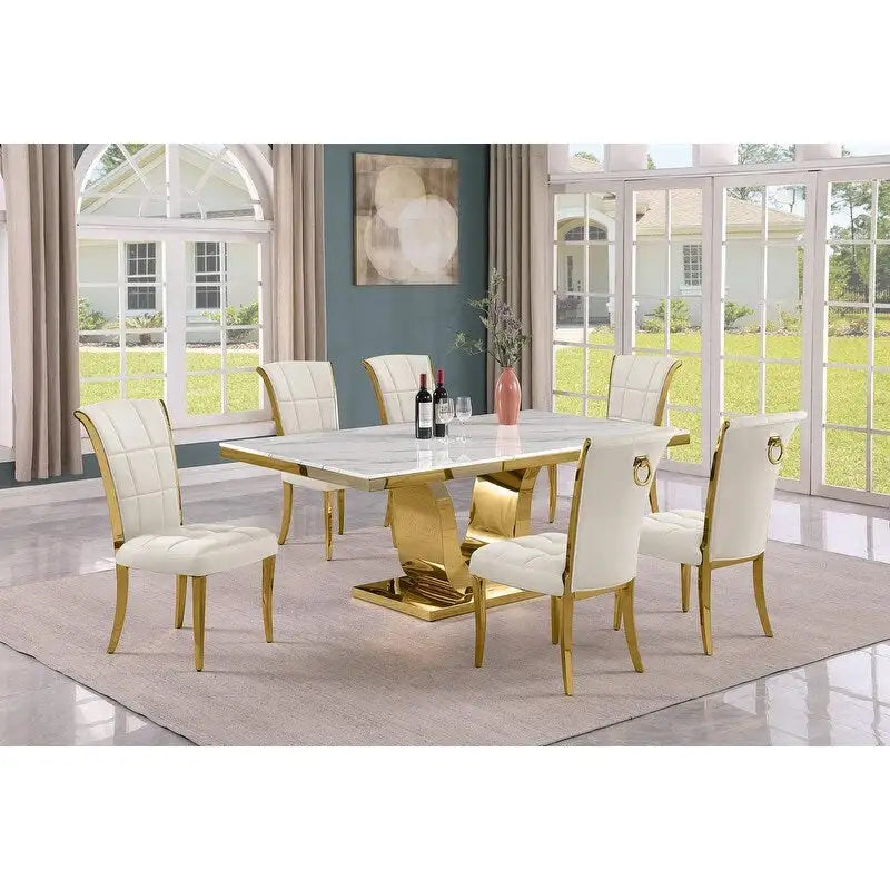 Ensemble de salle à manger Best Quality Furniture D321-SC324-7 avec plateau en marbre blanc de 78 pouces
