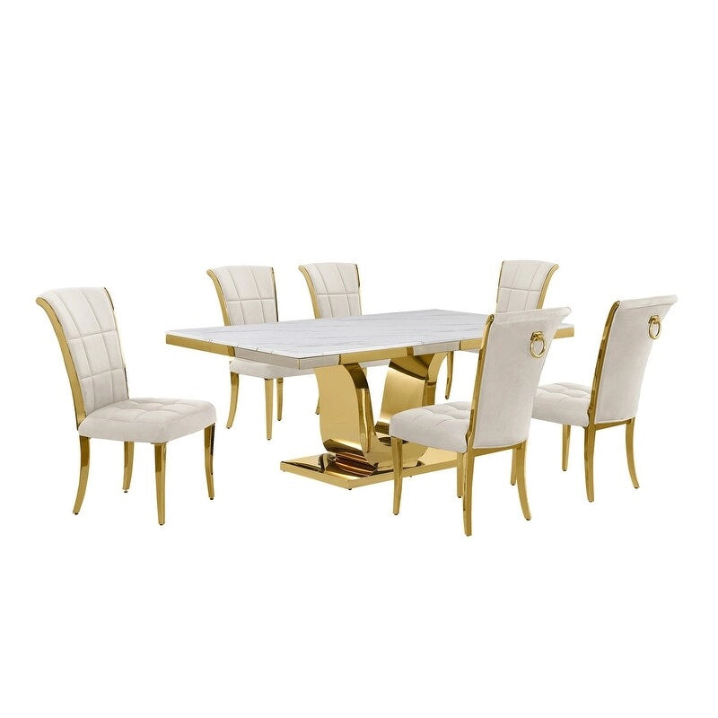 Ensemble de salle à manger Best Quality Furniture D321-SC324-7 avec plateau en marbre blanc de 78 pouces