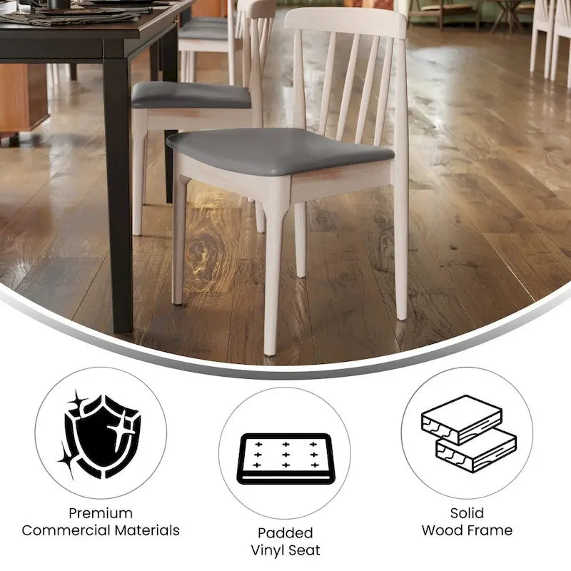 Chaise de salle à manger commerciale en bois massif avec assise rembourrée en vinyle