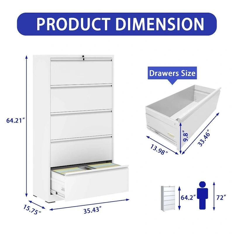 Classeur latéral à 5 ​​tiroirs avec serrure, format légal/lettre/A4/F4
