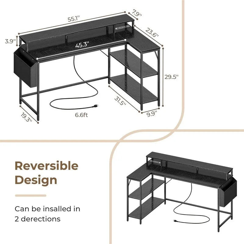 Bureau gaming en forme de L avec éclairage LED