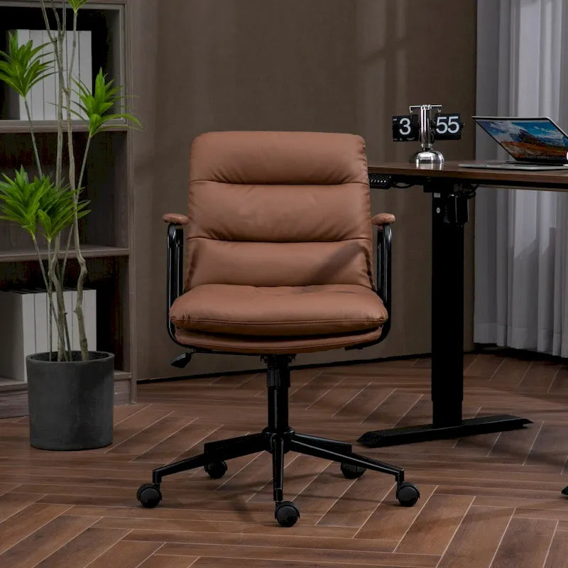 Chaise de bureau pivotante à dossier mi-haut avec roulettes et accoudoirs, en cuir PU ergonomique.