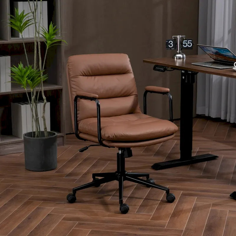 Chaise de bureau pivotante à dossier mi-haut avec roulettes et accoudoirs, en cuir PU ergonomique.
