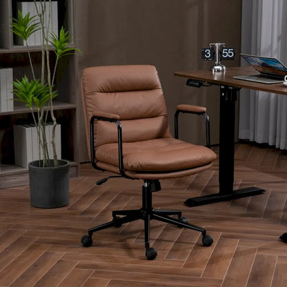 Chaise de bureau pivotante à dossier mi-haut avec roulettes et accoudoirs, en cuir PU ergonomique.