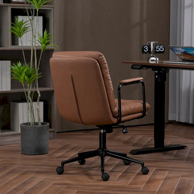 Chaise de bureau pivotante à dossier mi-haut avec roulettes et accoudoirs, en cuir PU ergonomique.