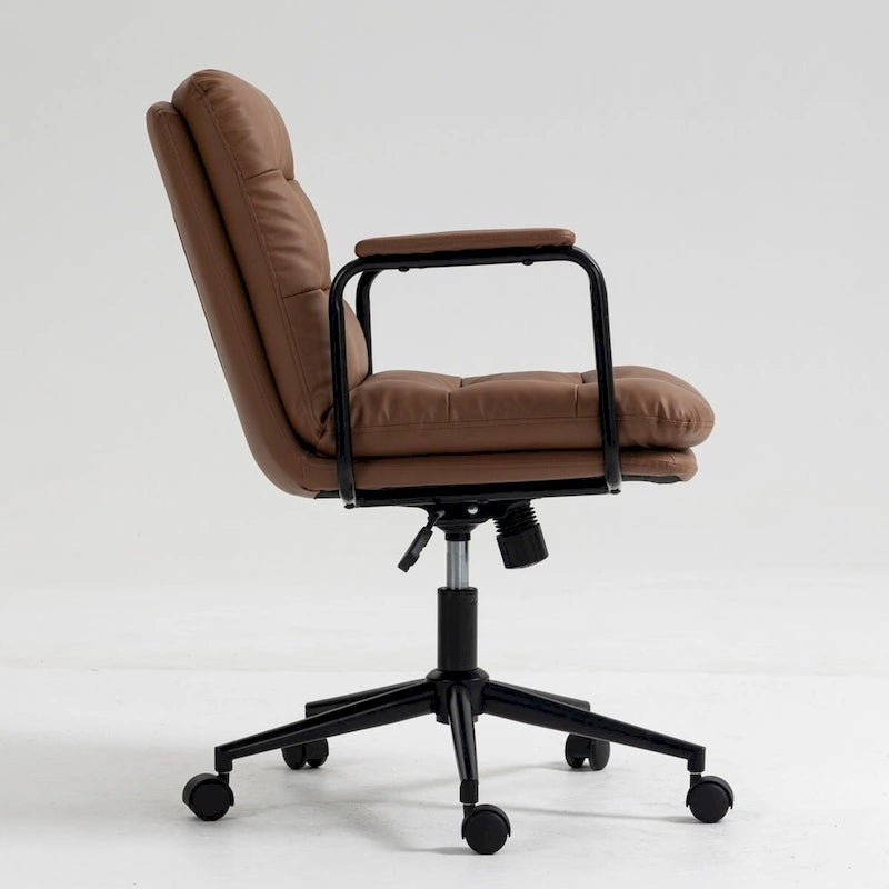 Chaise de bureau pivotante à dossier mi-haut avec roulettes et accoudoirs, en cuir PU ergonomique.