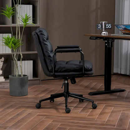 Chaise de bureau pivotante à dossier mi-haut avec roulettes et accoudoirs, en cuir PU ergonomique.