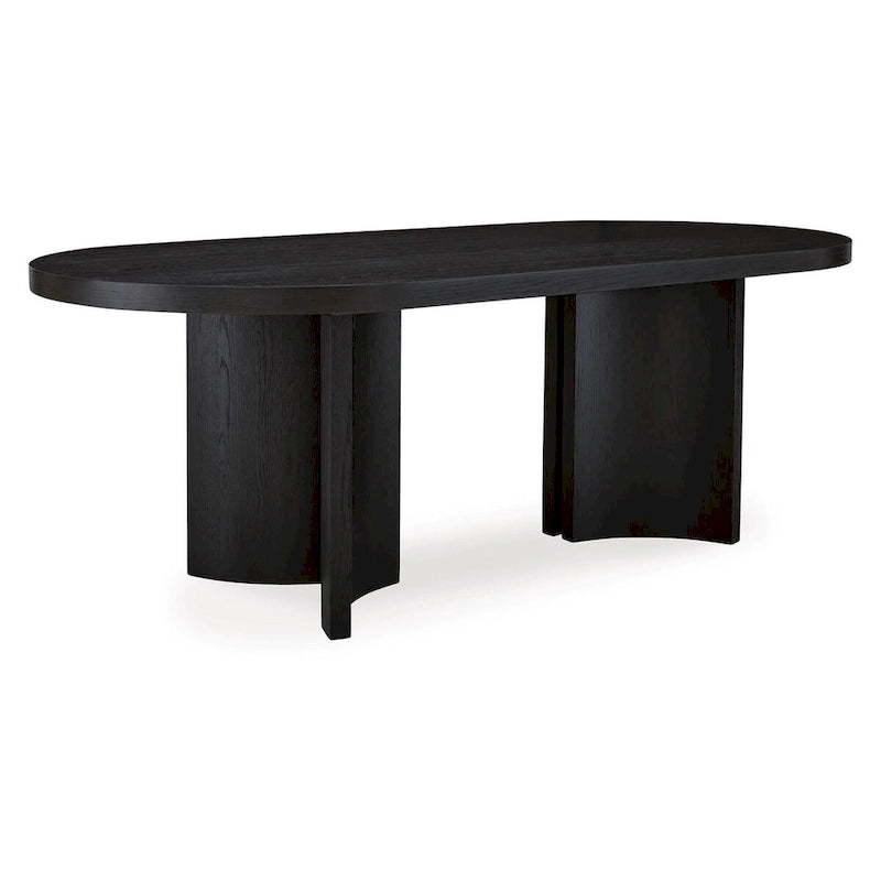 86 Inch Dining Table, Oval Top, Pedestal Base, Curved, Black Finish