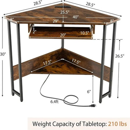 Bureau d'ordinateur triangulaire avec prises électriques