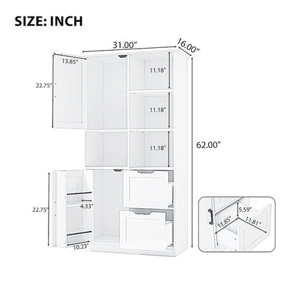 Meuble de rangement pour salle de bain avec 2 portes, 2 tiroirs, une étagère ouverte et une étagère réglable