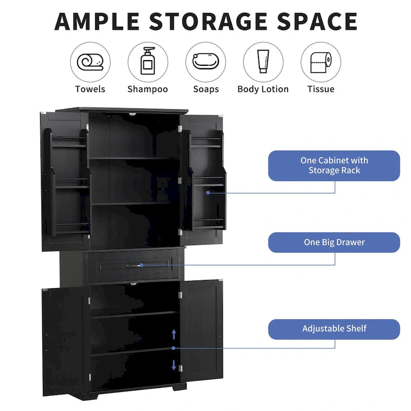 Armoire de rangement haute pour salle de bain avec tiroirs et étagère réglable