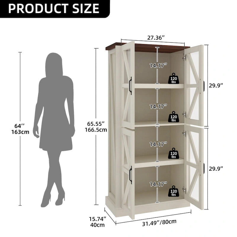 Armoire de cuisine autoportante Moasis 66 pouces de haut avec portes vitrées