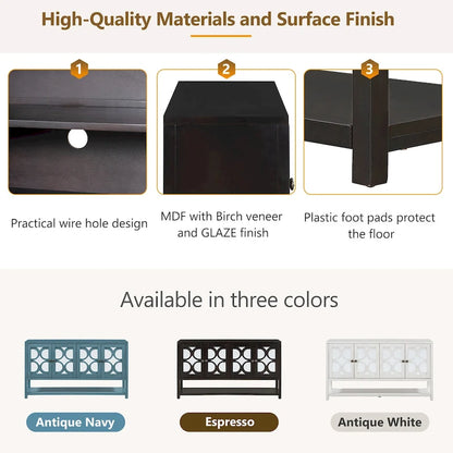 Élégante console/meuble de rangement/buffet rétro avec portes miroir, étagères spacieuses et pieds robustes en bois d'acacia.