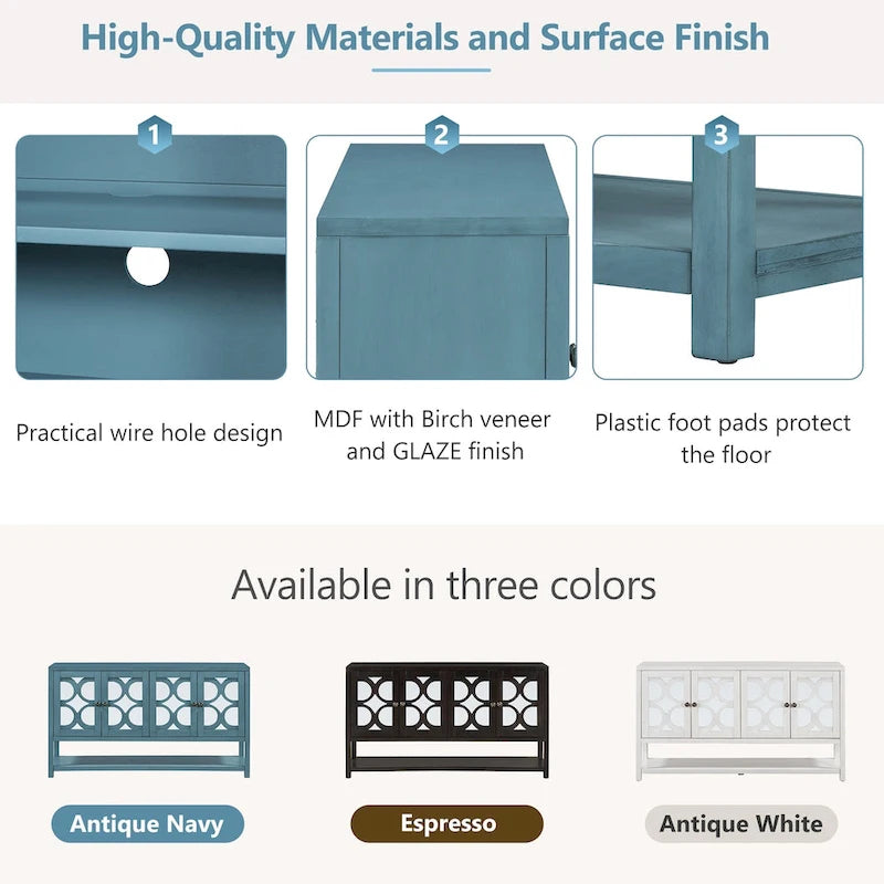 Élégante console/meuble de rangement/buffet rétro avec portes miroir, étagères spacieuses et pieds robustes en bois d'acacia.