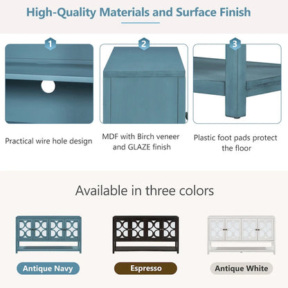 Élégante console/meuble de rangement/buffet rétro avec portes miroir, étagères spacieuses et pieds robustes en bois d'acacia.